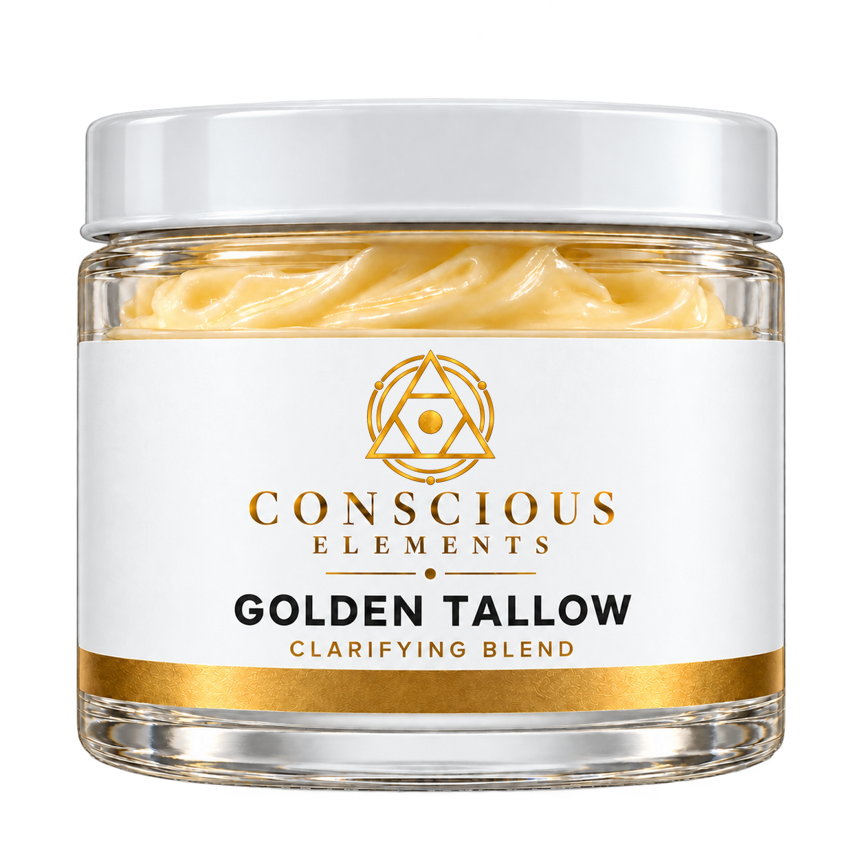 Conscious Elements Golden Tallow Clarifying Blend in a clear glass jar